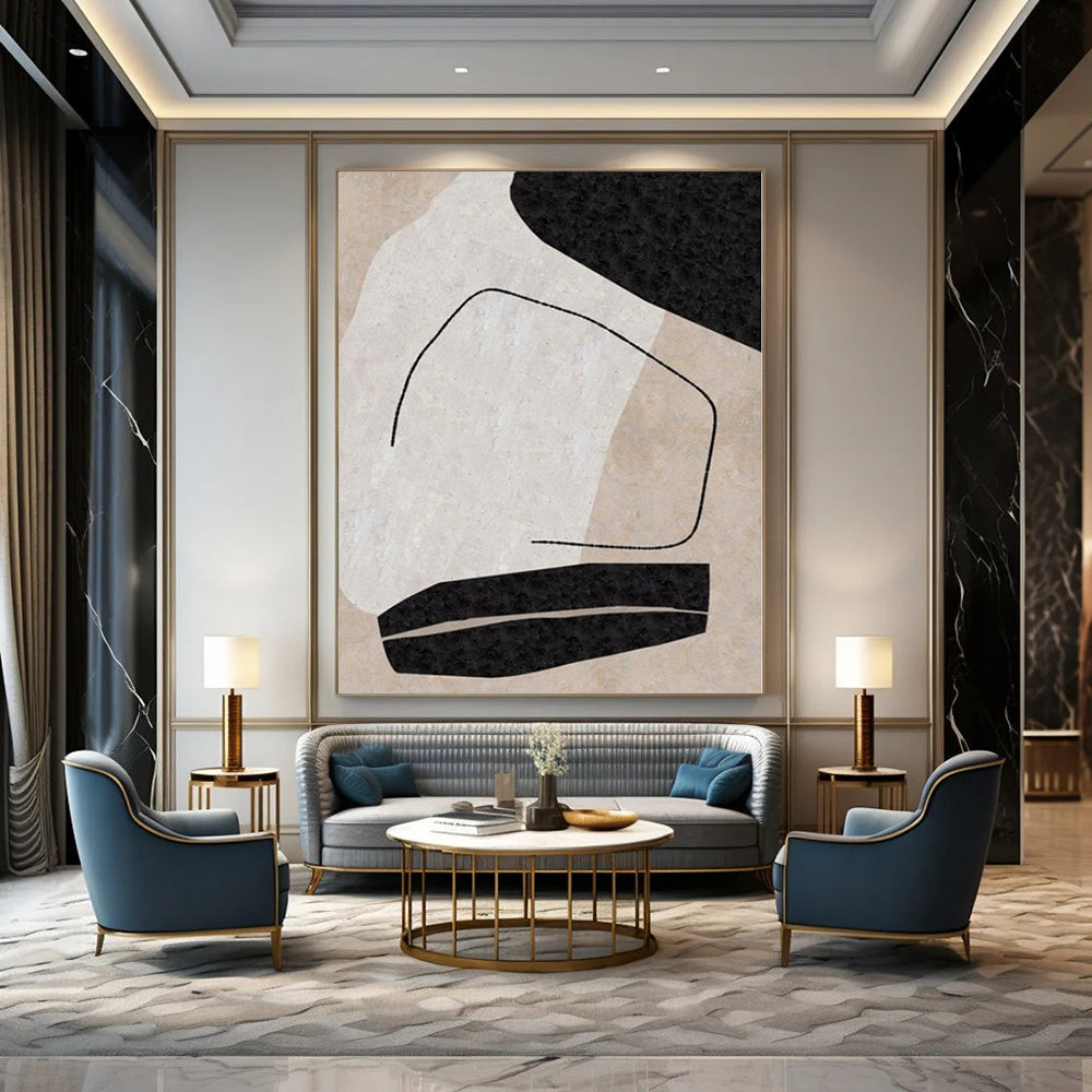 “Black - White - Beige Geometric Fragment” – Geometric Abstract Painting CT1142