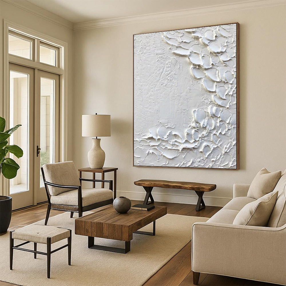 “White, Textured Blossoms ‘Pure Whimsy’” - Impasto Abstract Painting On Canvas DTP373
