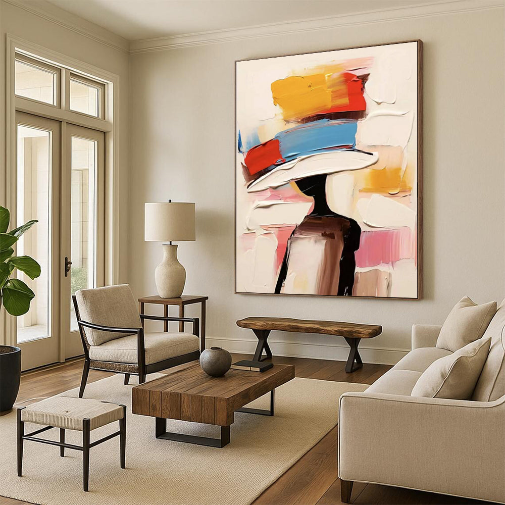 “Colorful, Abstract Hat ‘Fashionable Silhouette’” - Impasto Figurative Painting On Canvas DTP324