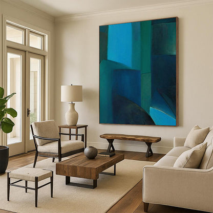 Blue & Green Geometric Abstraction - Cubist - Style Painting On Canvas CT2255