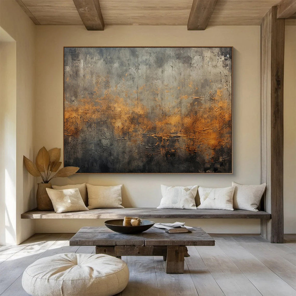 “Gray & Orange Textured Abstraction” Impasto Abstract Painting On Canvas DKH369