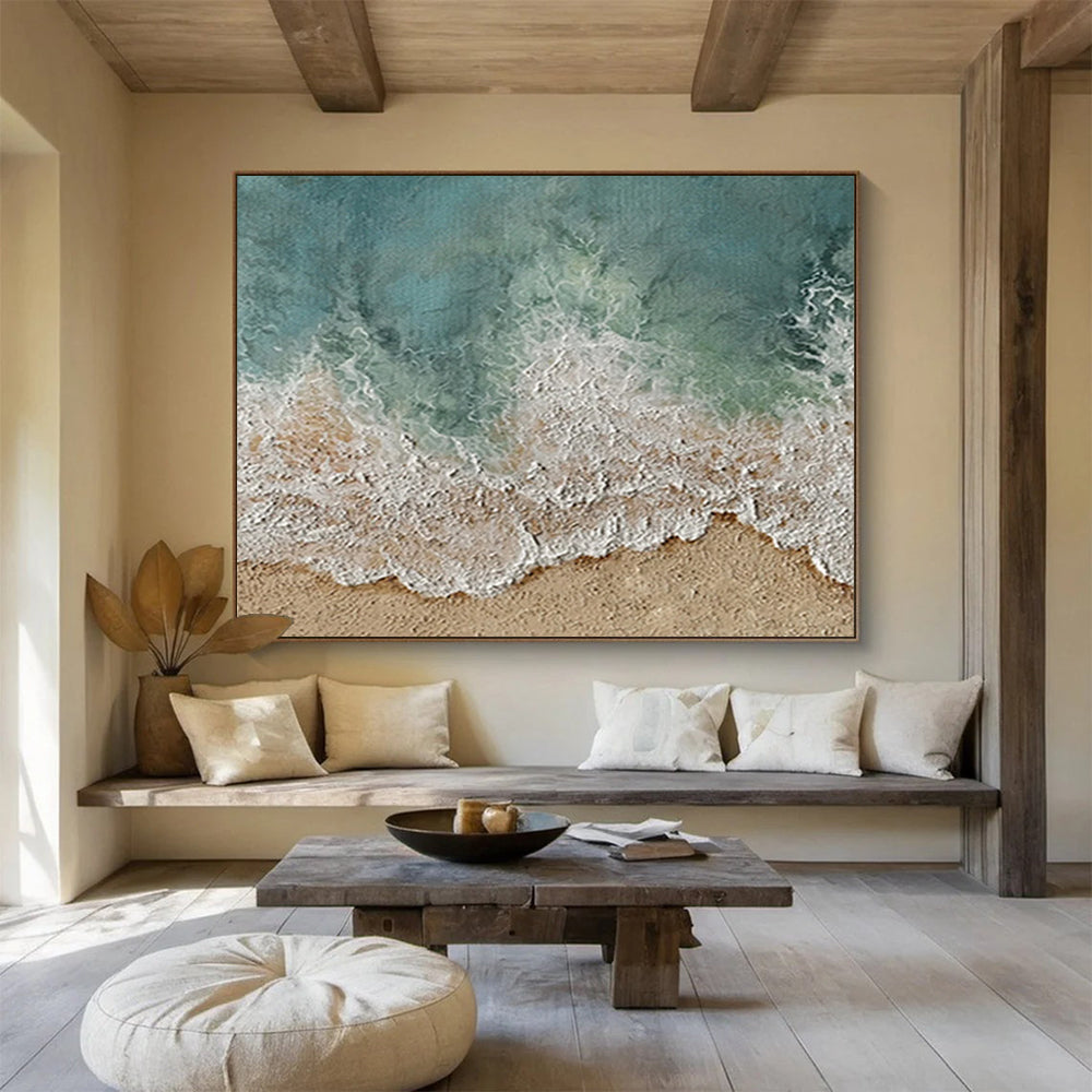 “Coastal Waves & Sands” - Turquoise, White & Beige Beach Scene Painting On Canvas DLZ252