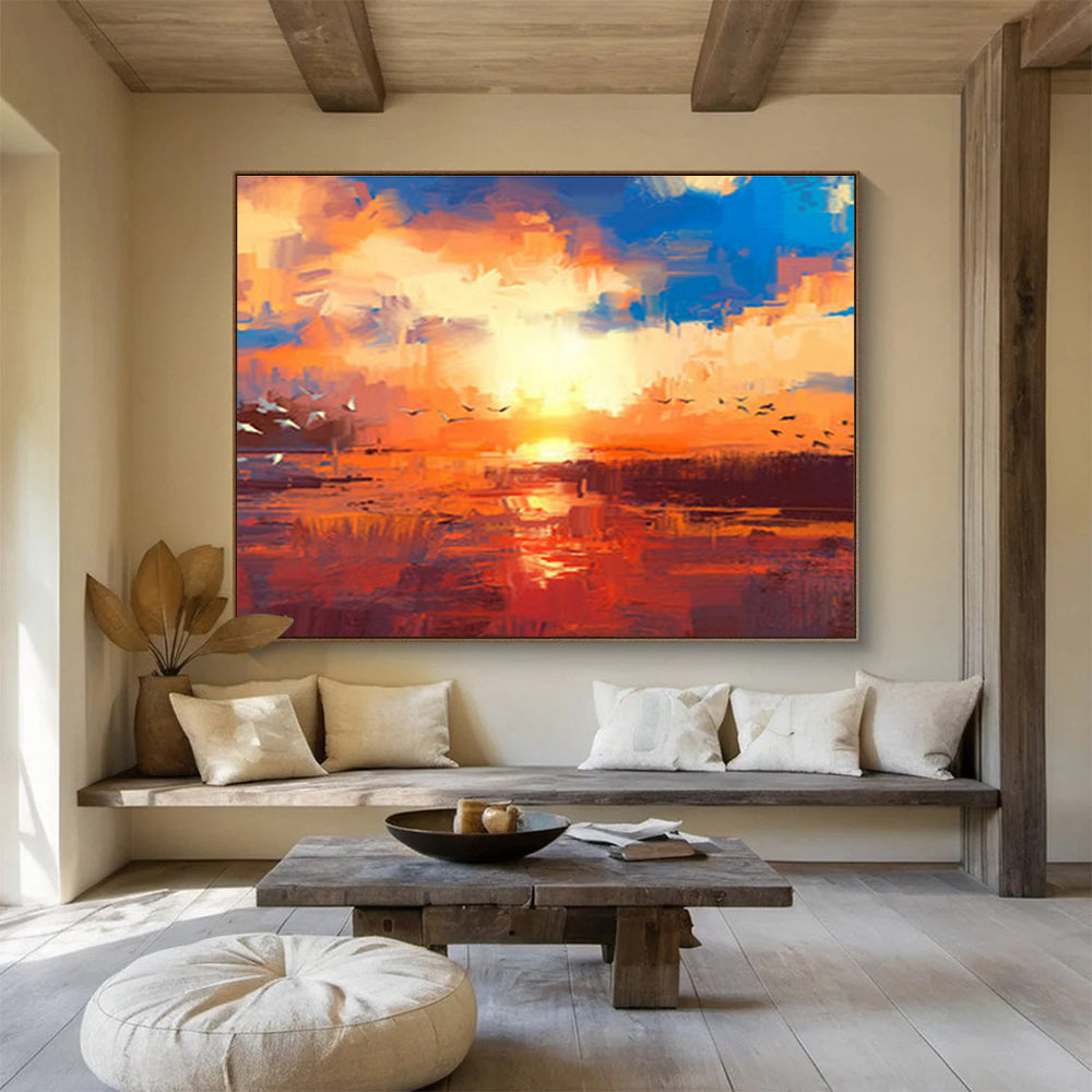 “Vibrant Sunset with Birds” Abstract Landscape Painting On Canvas DKH387