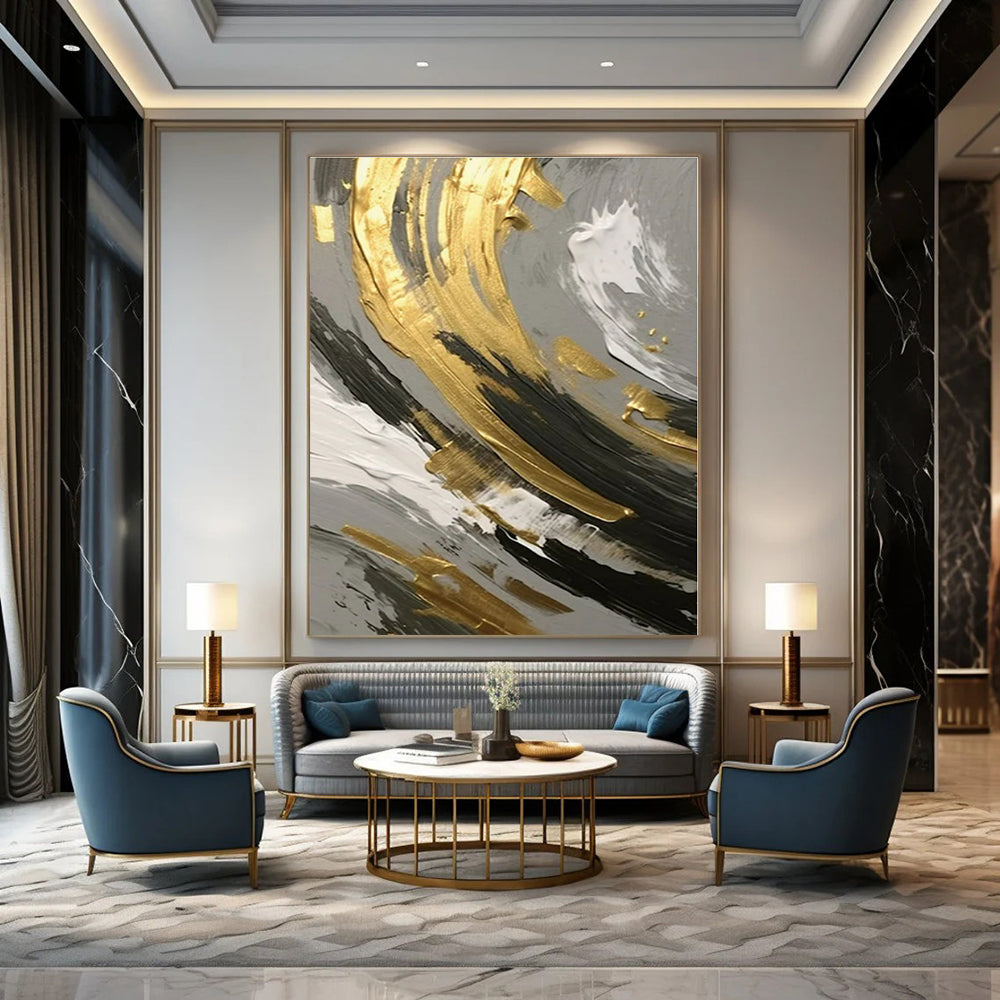 Gold, Black & White Swirl Detail - Abstract Impasto Oil CT1252