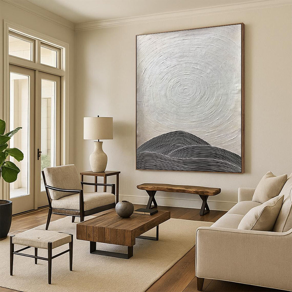 Black - and - White Rings and Hills Minimalist Abstract Art CT1960