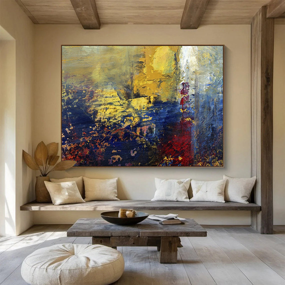 “Golden Dusk Abstraction” - Gold, Blue, Red Abstract Oil Painting On Canvas DKH722
