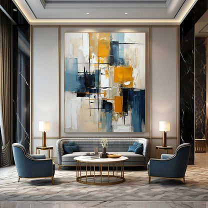 Bold Yellows, Blues & Neutrals, Dynamic Lines - "Urban Energy" - Abstract Oil Painting CT1452