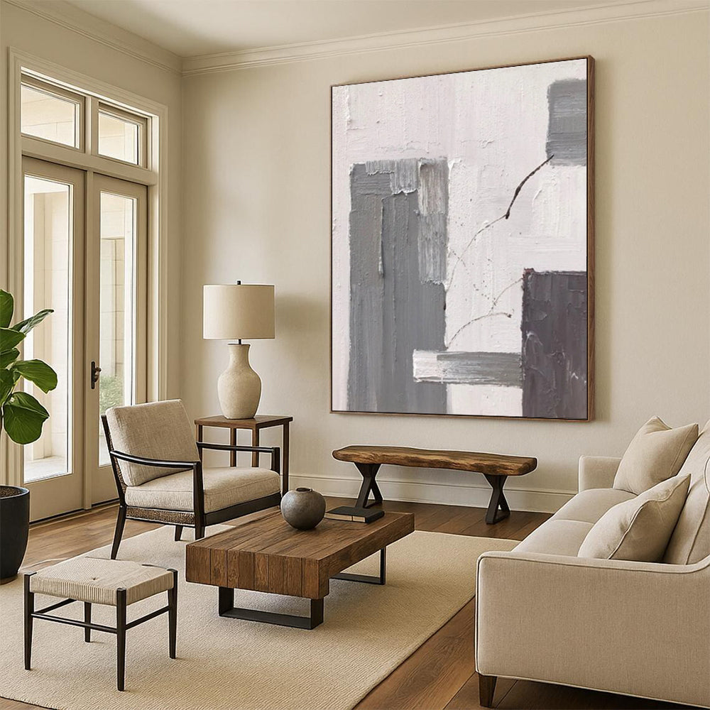 “Gray, White, Brown Minimalist ‘Subtle Stories’” - Abstract Impasto Painting On Canvas DTP396