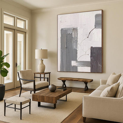 “Gray, White, Brown Minimalist ‘Subtle Stories’” - Abstract Impasto Painting On Canvas DTP396