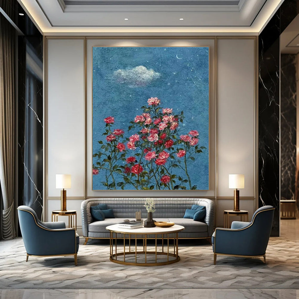 Blue Sky, Stars, Cloud, Moon & Pink Roses - "Starry Rose Garden" - Impressionistic Oil Painting CT1454