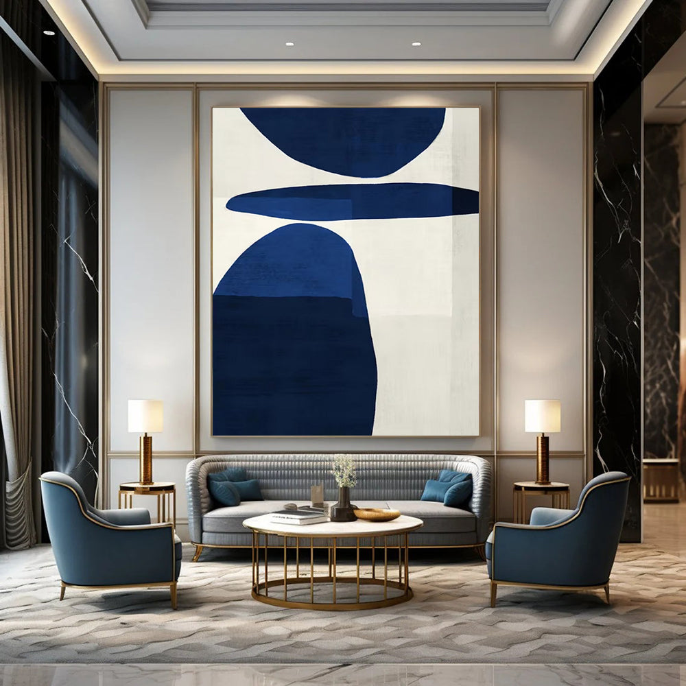“Bold Blue Shapes on White” – Abstract Geometric Painting CT1063