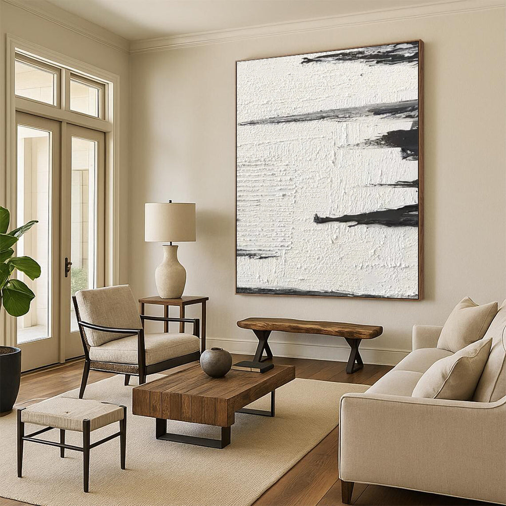 “White, Black Textured Strokes ‘Subtle Motion’” - Impasto Abstract Painting On Canvas DTP384