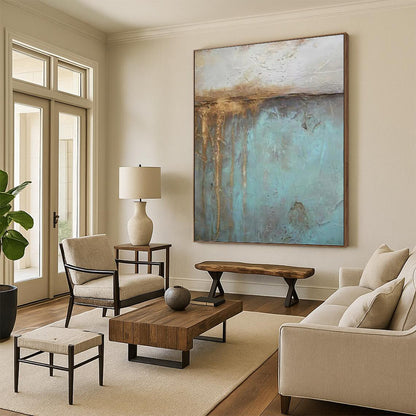 “Rustic Blue & Brown Textures” - Teal, Brown & Gray Abstract Textured Painting On Canvas DKH1191