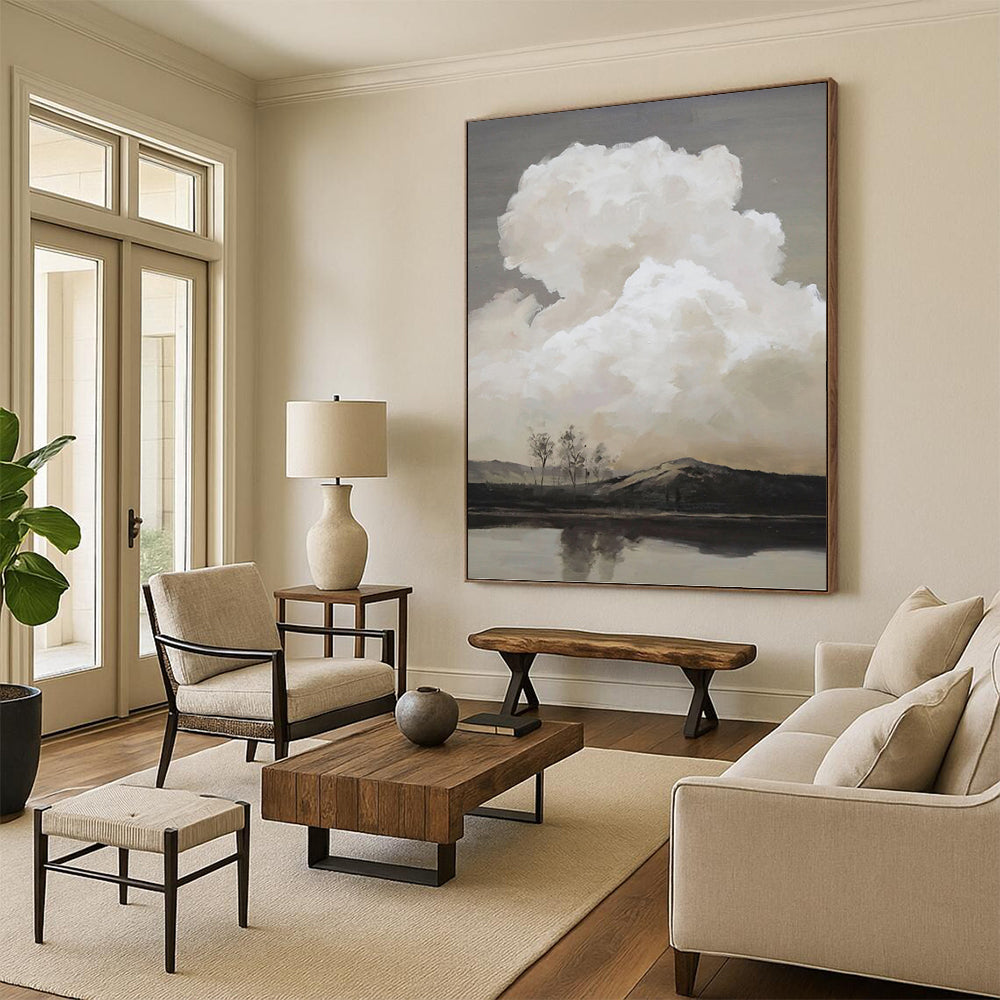 Monochromatic Cloudscape Over Water - Landscape Painting On Canvas DKH1439