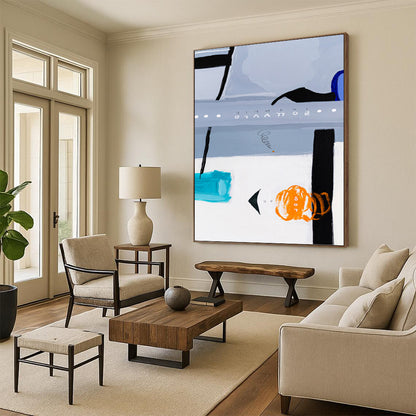 “Gray and Blue Abstract with Orange and Teal Elements” - Eclectic Abstract Painting On Canvas DKH1099