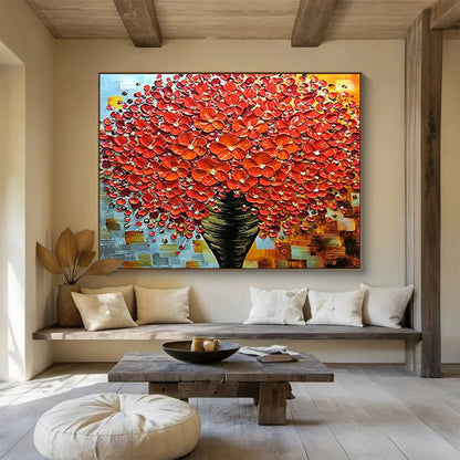 Red Flower Tree in Vase - Impasto Floral Painting On Canvas DLZ226