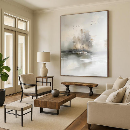 “Serene Misty Landscape” - Soft Gray, Beige & White Abstract Nature Painting On Canvas DKH1190