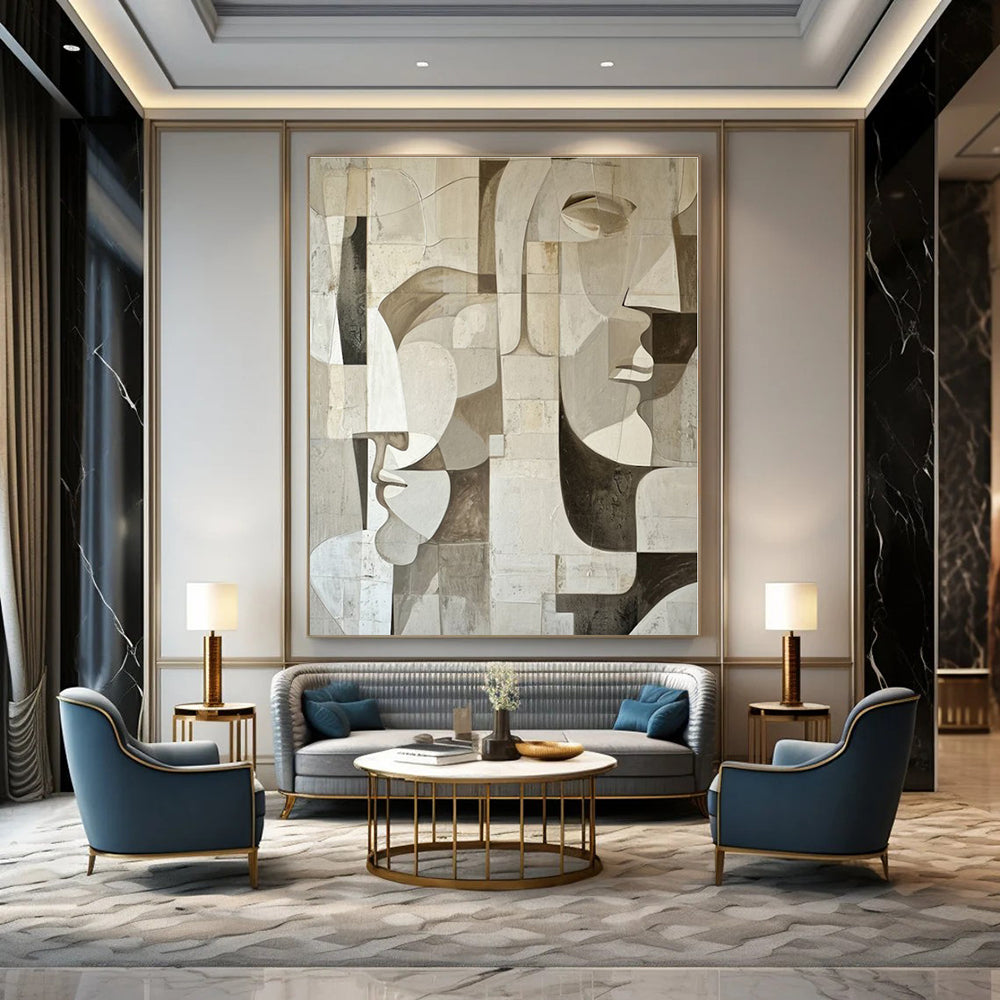 Monochrome Geometric Faces - Cubist - inspired Acrylic Painting CT1388
