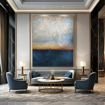 Muted Blues, Greys & Golds, Horizon Line - "Eternal Dusk" - Abstract Landscape Oil Painting CT1441