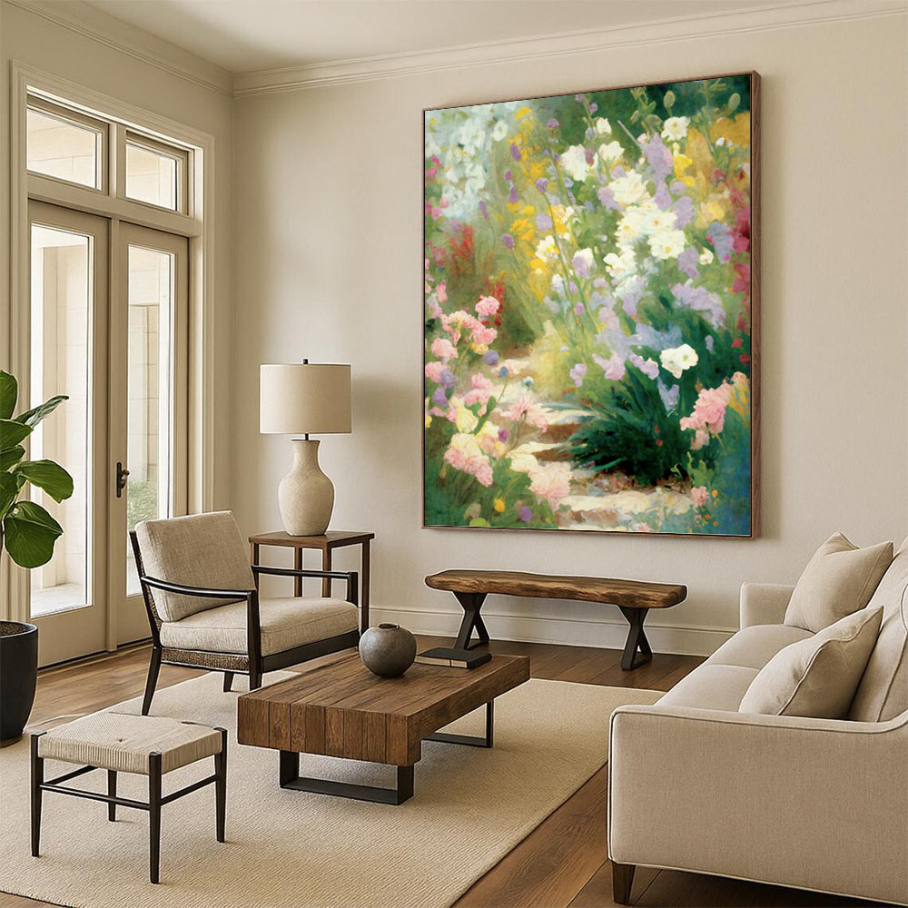 Colorful Flower Garden Path - Impressionistic Landscape Painting On Canvas DKH1356