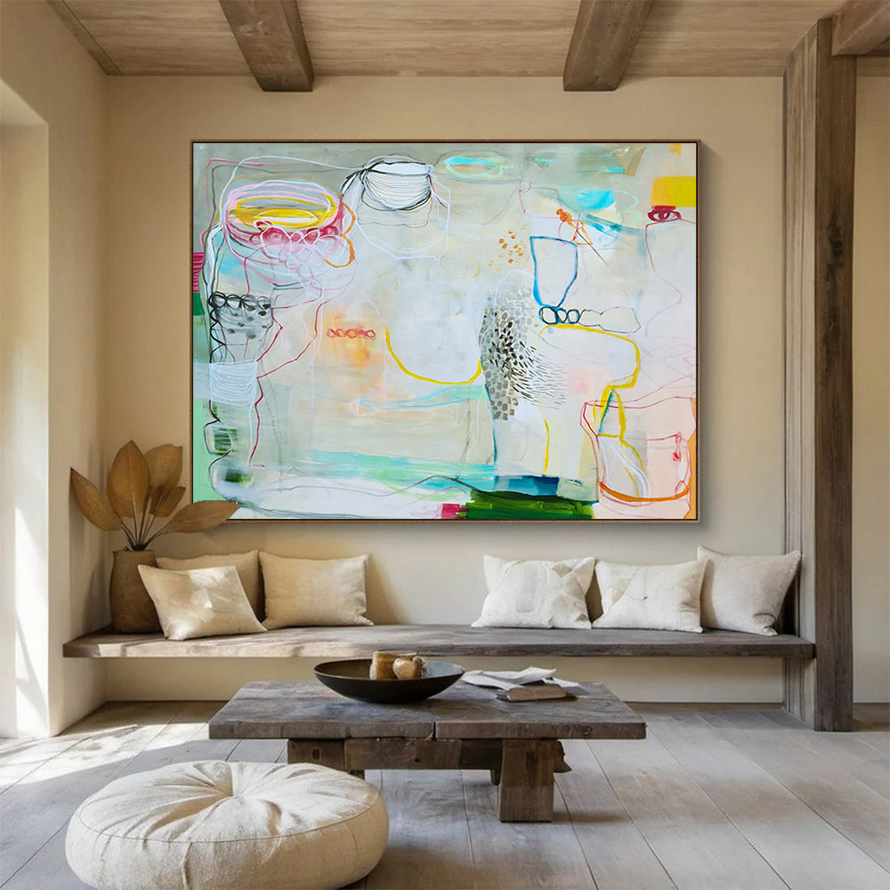 Mixed - Color Abstract with Linear Elements “Whimsical Line Play” Painting On Canvas DKH071