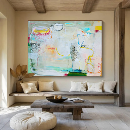 Mixed - Color Abstract with Linear Elements “Whimsical Line Play” Painting On Canvas DKH071