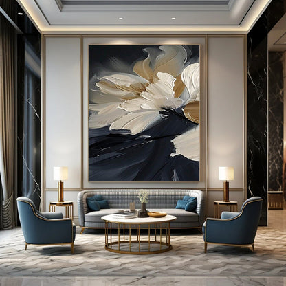 “Textured Beige - White Floral on Black” – Impasto Floral Painting CT1091