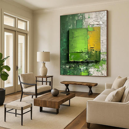 “Green - Yellow Layered Squares” - Impasto Abstract Painting On Canvas DTP030