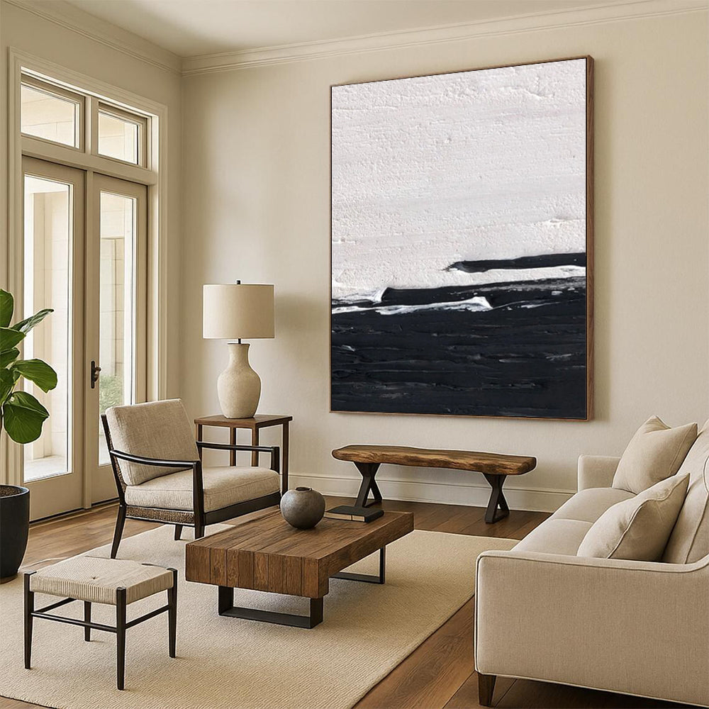 “Black, White Minimalist ‘Silent Horizon’” - Impasto Abstract Painting On Canvas DTP402