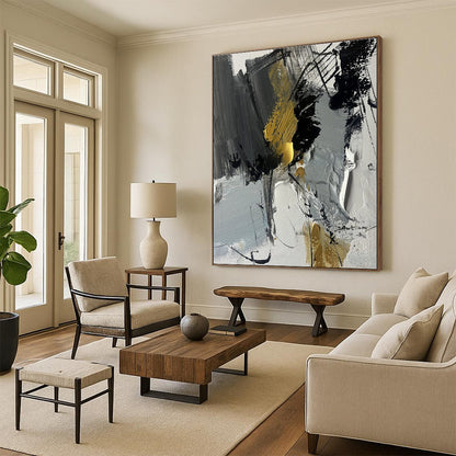 “Gray - Black - Gold Abstract Fusion” ，Abstract Acrylic Painting CT0792