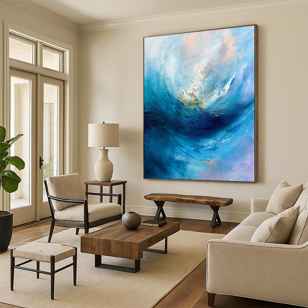 “Blue Abstract Wave” - Blue & White Abstract Painting On Canvas CT2250