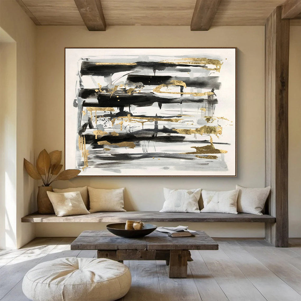 “Black, Gray, and Gold Abstract” - Sophisticated Abstract Painting On Canvas DKH846