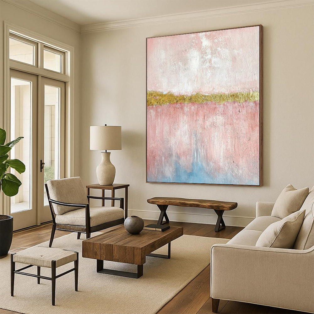 Pink & Gold Abstract Divide - Minimalist Abstract Painting On Canvas CT2288