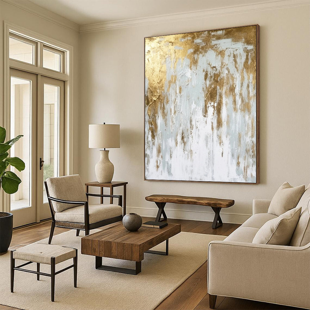 “White - Gold Abstract Drip” - Abstract Expressionist Painting On Canvas DTP074