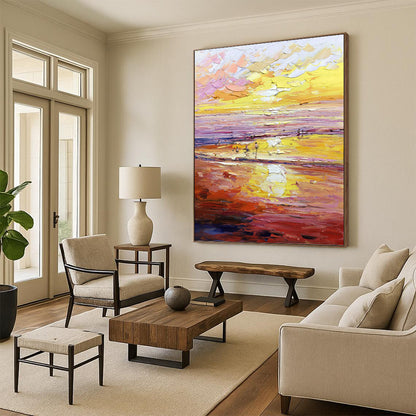 Vibrant Sunset Beach in Warm Hues - Impressionistic Landscape Painting On Canvas DKH1306