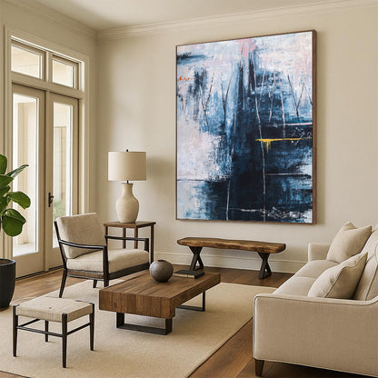 “Blue - Dominant Abstract with Textured Layers and Yellow Accent” - Moody Abstract Painting On Canvas DKH1111