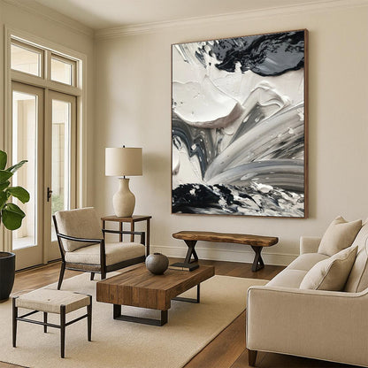 Dynamic Black - White - Gray Swirls, "Whirling Contrasts" - Abstract Acrylic Painting CT0713