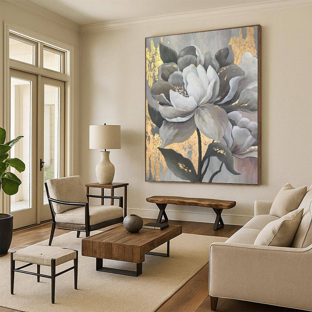 “Elegant Gray & Gold Flowers” - Modern Floral Painting On Canvas DKH1620