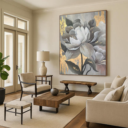 “Elegant Gray & Gold Flowers” - Modern Floral Painting On Canvas DKH1620