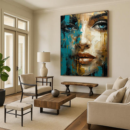 “Blue and Gold Abstract Portrait” – Expressive Oil Painting On Canvas CT2132