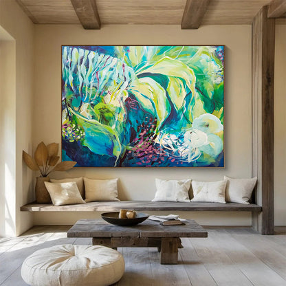 Abstract Floral in Green and Blue - Expressive Brushstrokes and Nature - Inspired Forms Painting On Canvas DKH055