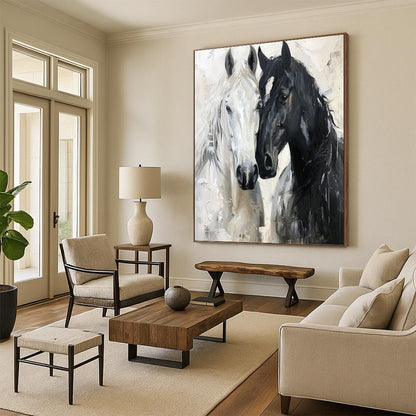 Black and White Horse Duet - Expressive Equine Painting On Canvas DKH1401