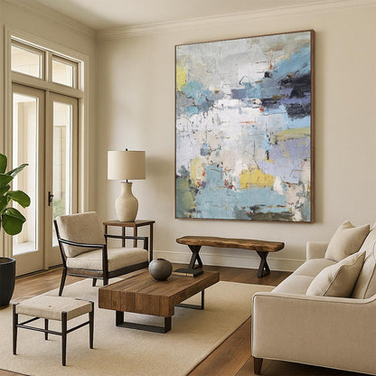 “Blue, Gray, Yellow Abstract Cityscape ‘Urban Hues’” - Textured Abstract Painting On Canvas DTP312