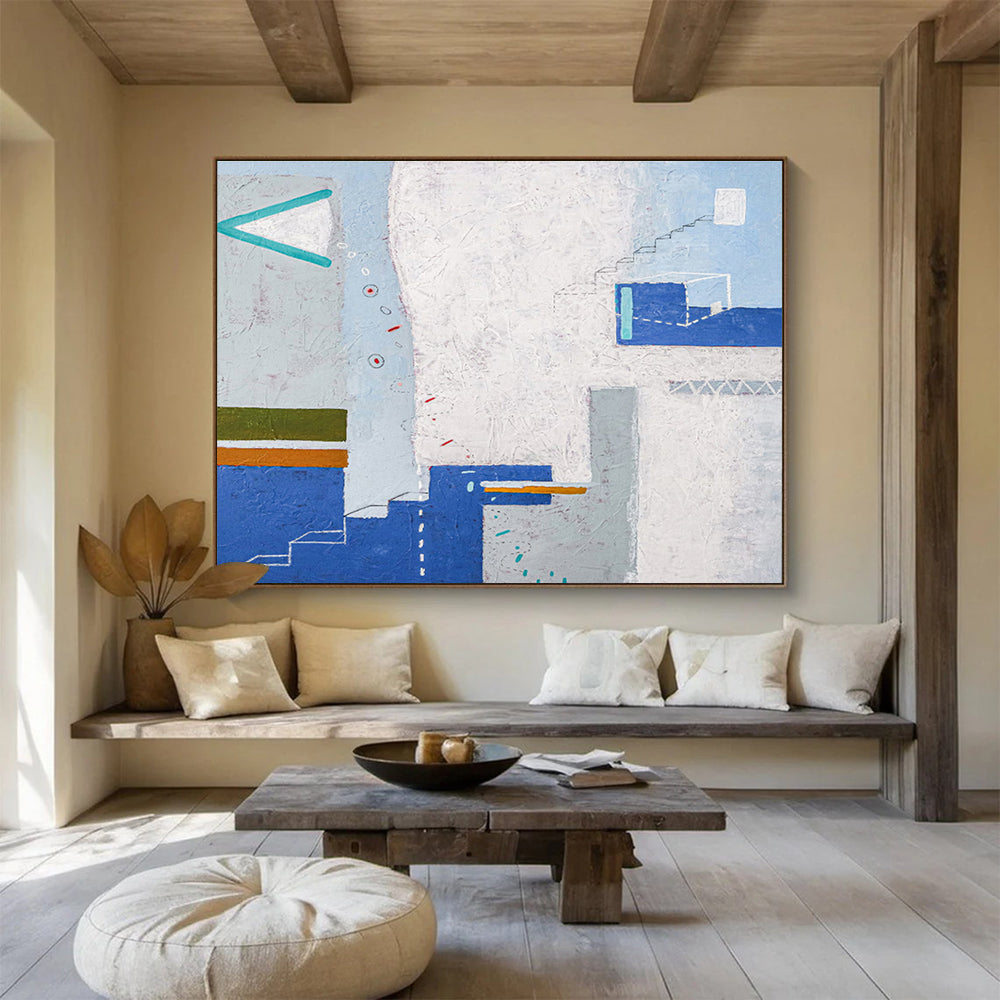Color - Blocked Geometry with Blue, White, and Earth Tones, Abstract Cityscape Painting On Canvas DKH571