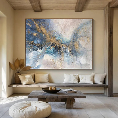 Blue & Gold Abstract Swirl - Gray & Gold Fluid Art Painting On Canvas DKH880