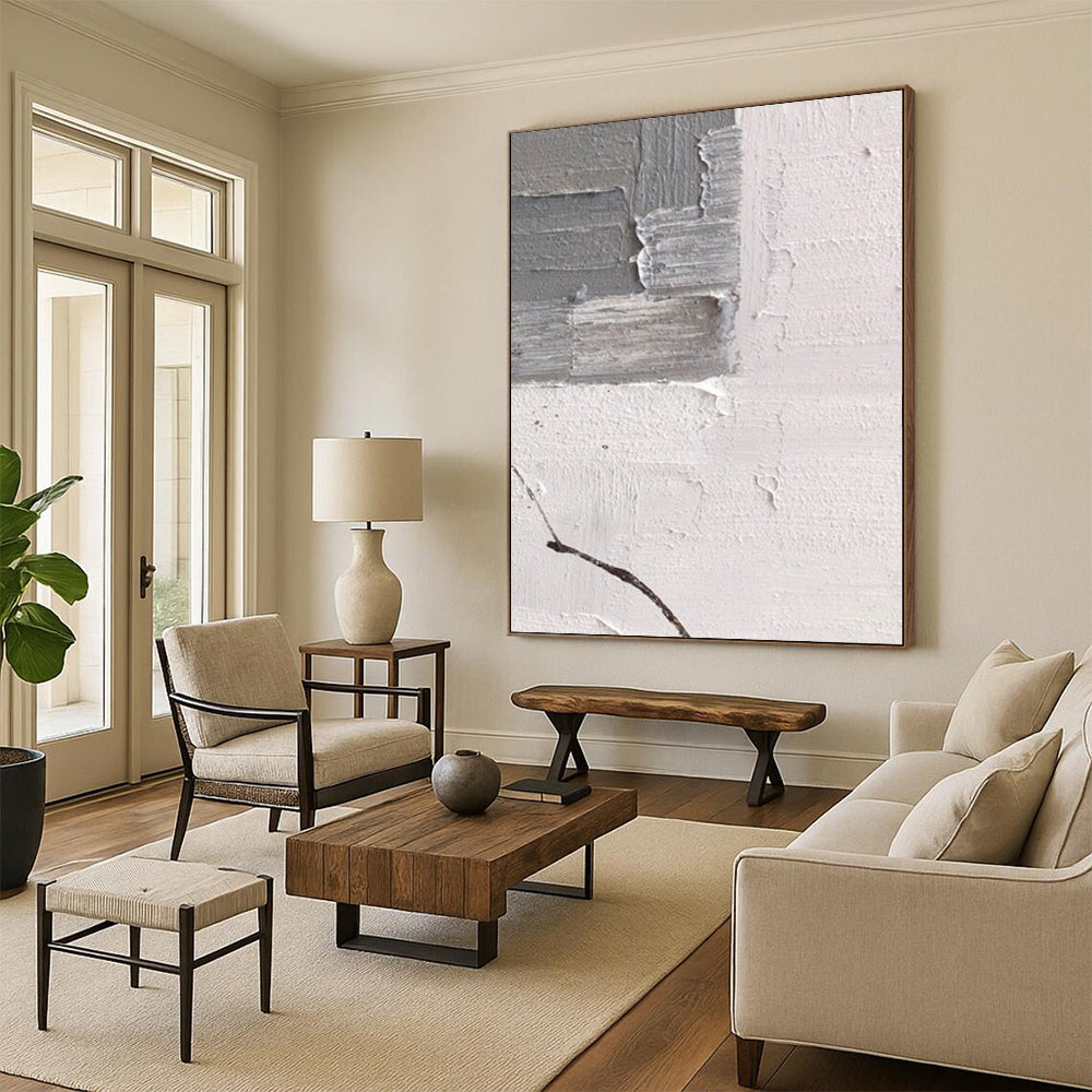 “Gray, White Textured Fragment ‘Subtle Chaos’” - Impasto Abstract Painting On Canvas DTP361