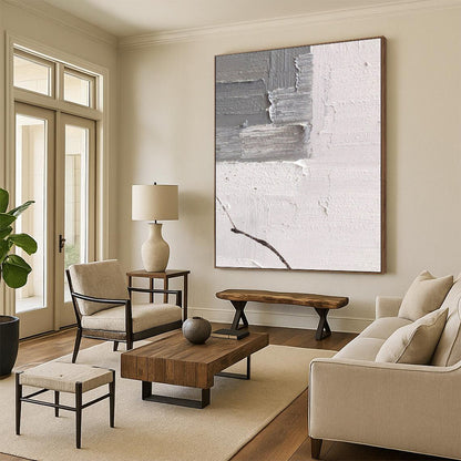 “Gray, White Textured Fragment ‘Subtle Chaos’” - Impasto Abstract Painting On Canvas DTP361