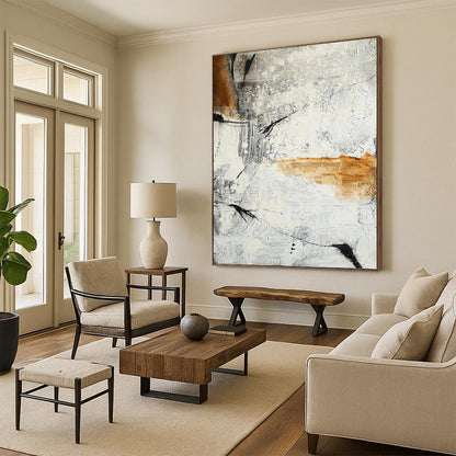 Abstract Textures in Gray, White, and Orange - Abstract Painting On Canvas DKH1438