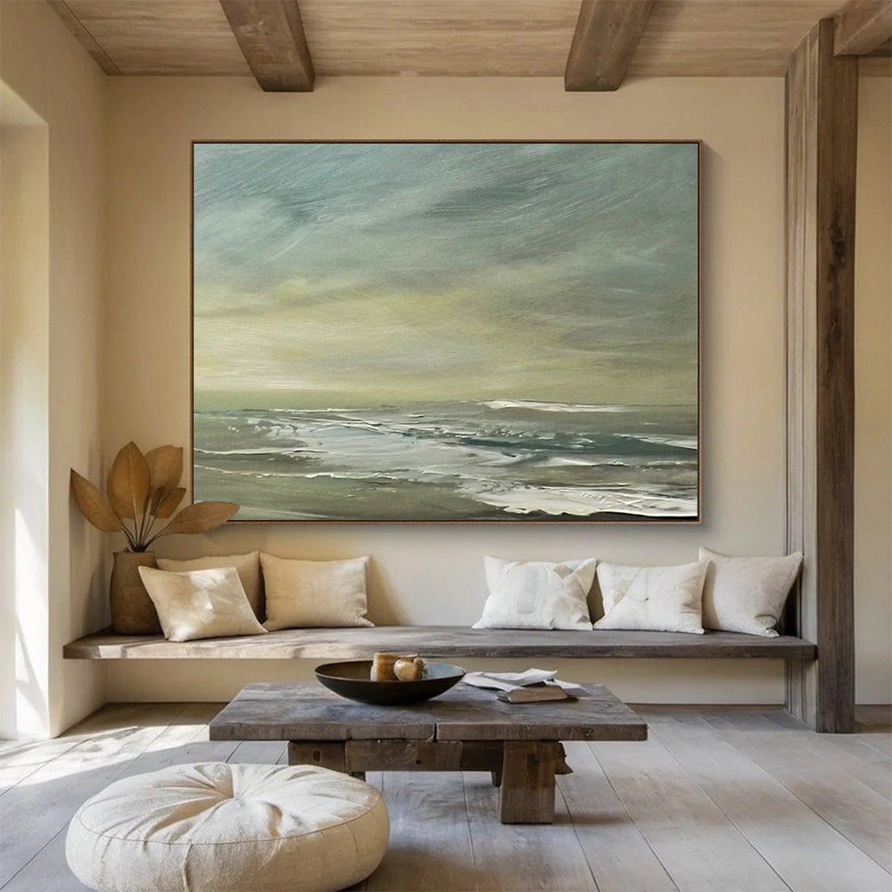 “Green, Gray, Coastal Breeze ‘Muted Shore’” - Impressionist Seascape Painting On Canvas DLZ027
