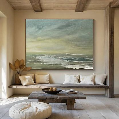 “Green, Gray, Coastal Breeze ‘Muted Shore’” - Impressionist Seascape Painting On Canvas DLZ027